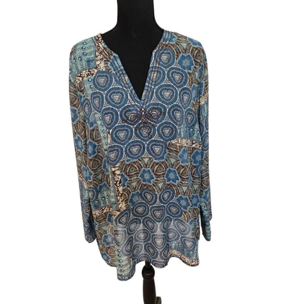 Apt 9 Women's Semi Sheer V Neck Pull Over Teal Boho Print Tunic Plus Size 2X